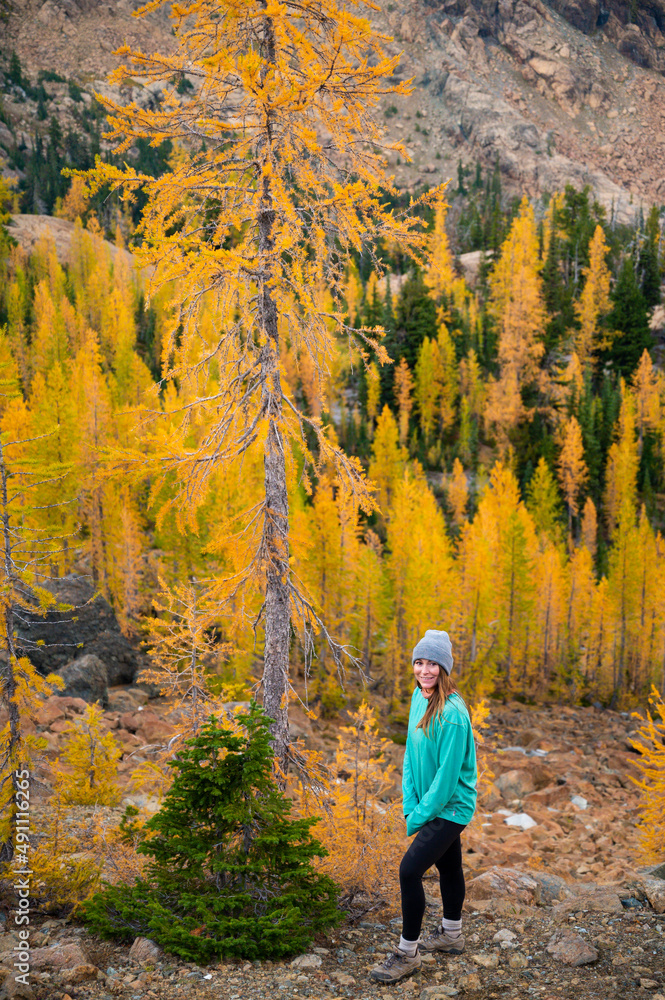 Confident woman in a forest of larches in the mountains Confident woman in a forest of larches in the mountains