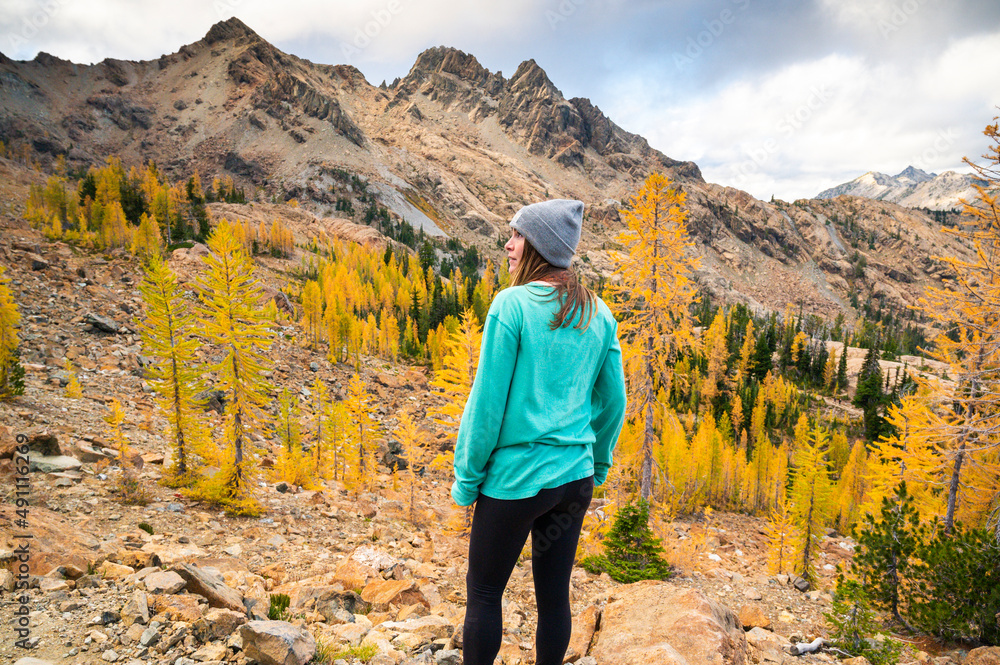 Female posing in a basin of larches in the alpine lakes wilderness Female posing in a basin of larches in the alpine lakes wilderness