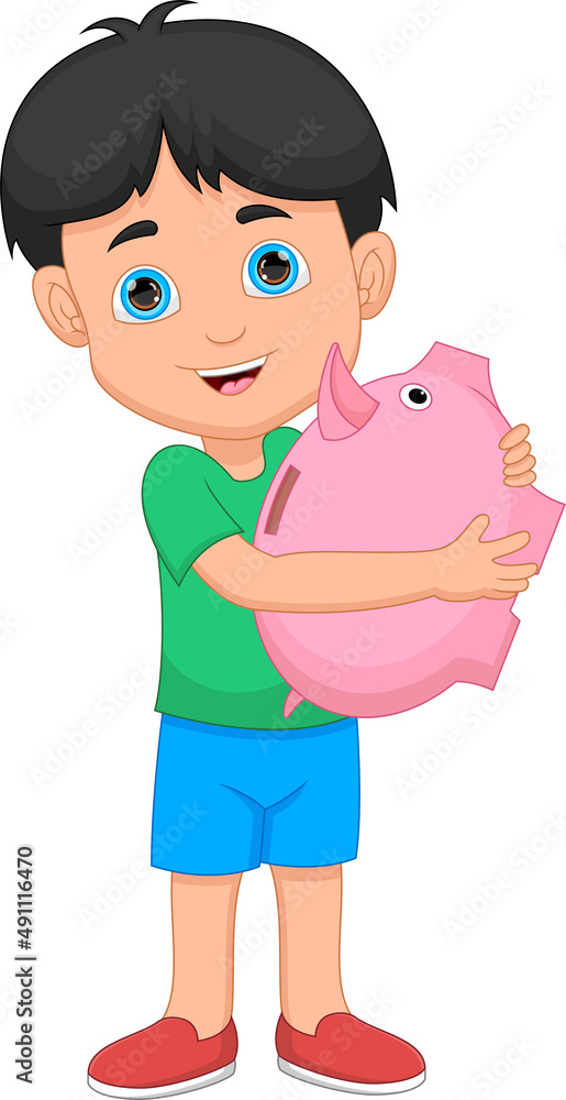 boy holding a piggy bank on white background boy holding a piggy bank on white background