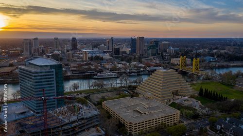 Aerial views of downtown Sacramento skyline and bridges.