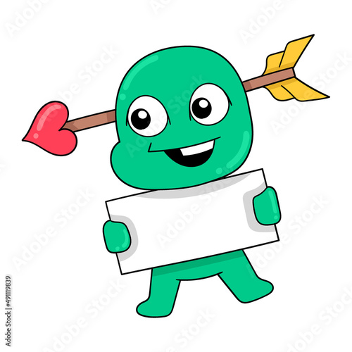 creature carrying blank banner template, doodle icon image kawaii