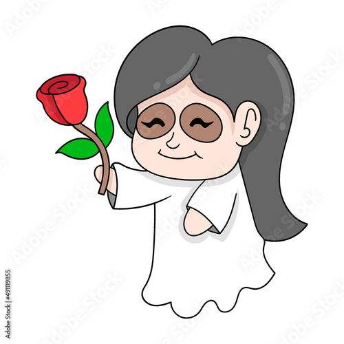 female ghost walking with a red rose, doodle icon image kawaii
