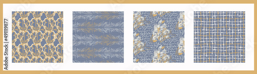 French blue linen seamless pattern set. Tonal farmhouse cottage style background. Simple vintage rustic fabric textile effect. Primitive modern shabby chic kitchen cloth design group. 