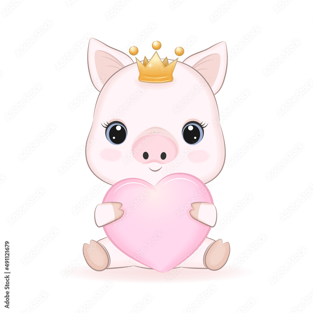 Cute Little Pig and Pink Heart, cartoon illustration Cute Little Pig and Pink Heart, cartoon illustration