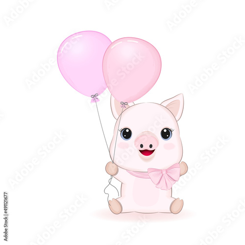 Cute Little Pig and balloons  cartoon illustration
