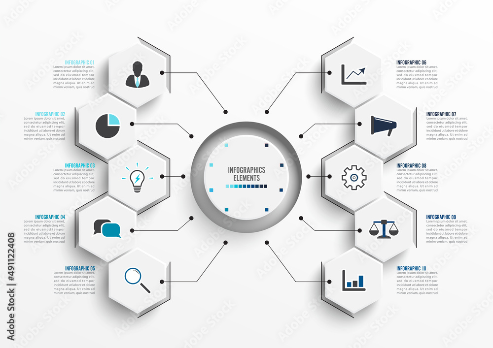 Vector infographic template with 3D paper label. Business concept with 10 options. For content, diagram, flowchart, steps, parts, timeline infographics, workflow, chart Vector infographic template with 3D paper label. Business concept with 10 options. For content, diagram, flowchart, steps, parts, timeline infographics, workflow, chart