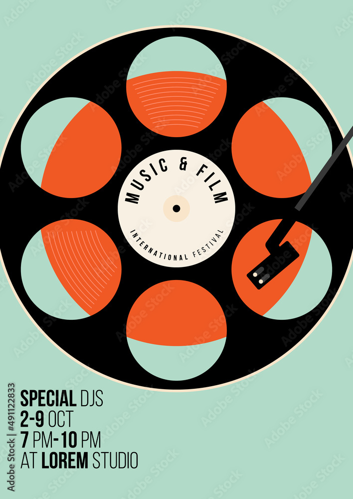 Music and film poster design template background with film reel and vinyl  record Stock Vector
