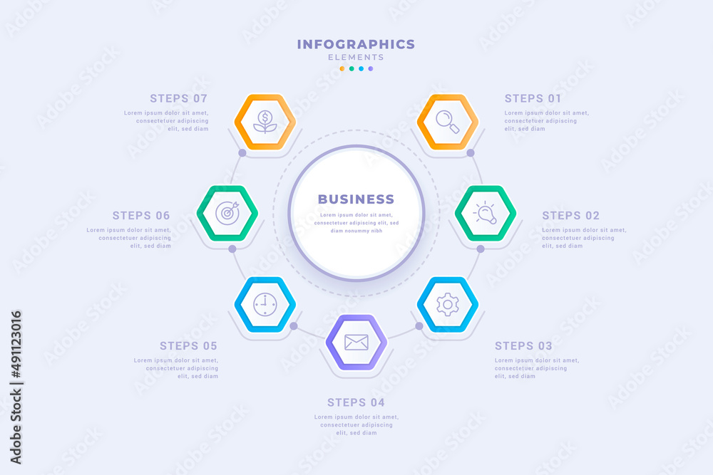 Circular diagram business infographic template with seven steps design ...