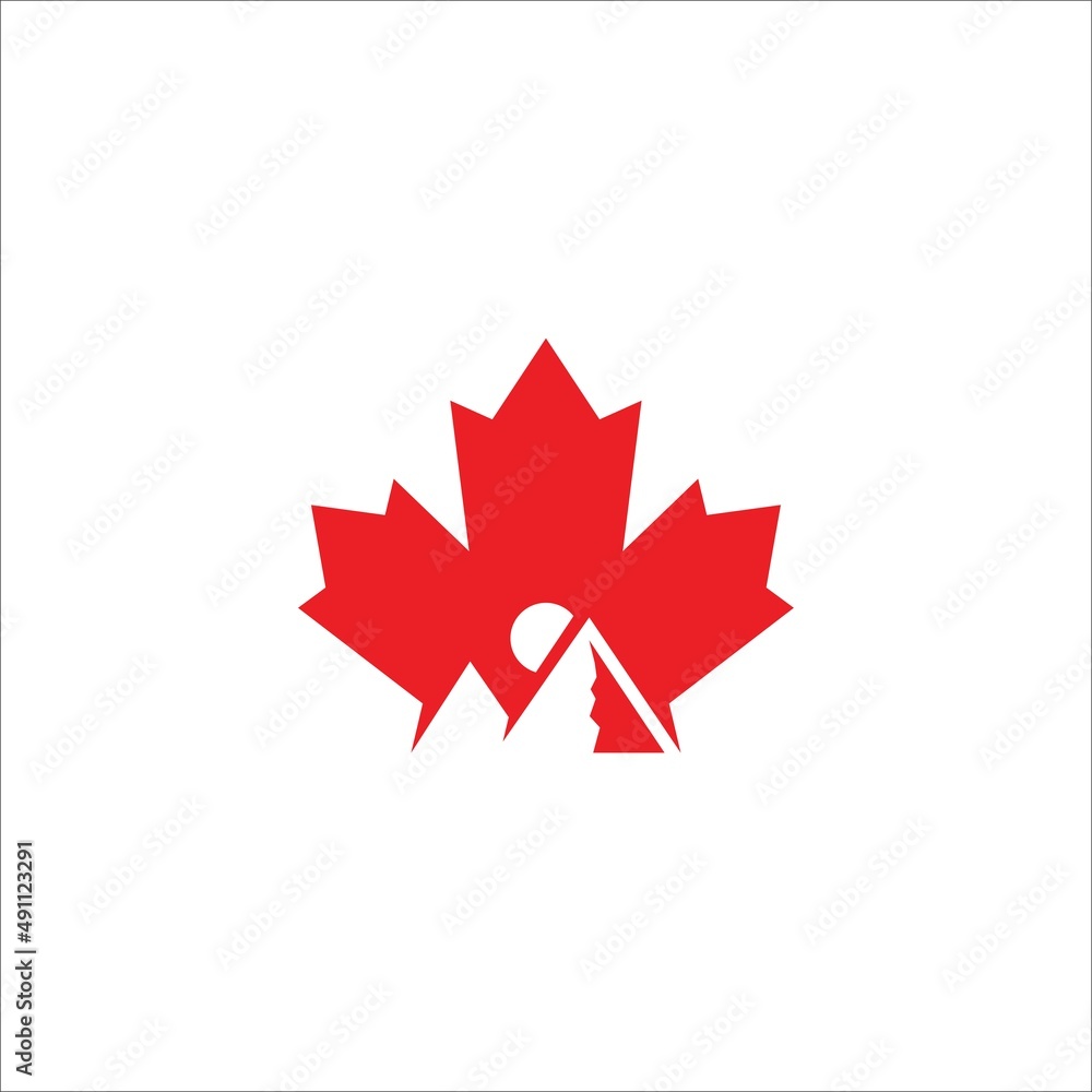 Maple leaf and mountain in red color logo Maple leaf and mountain in red color logo