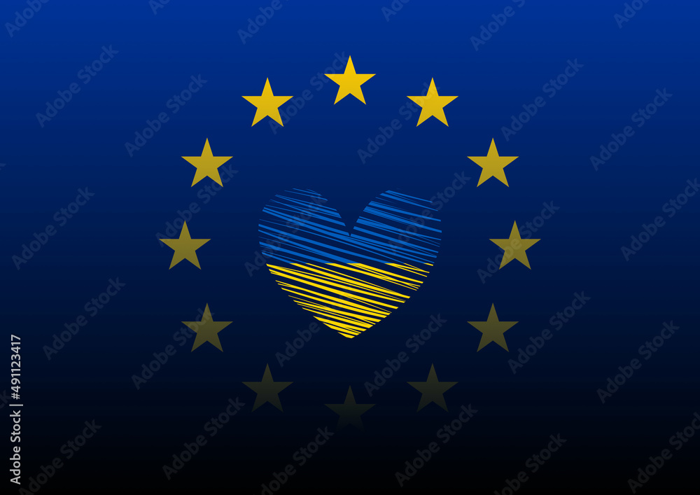 Serce pomalowane w barwy Ukraińskiej flagi na tle flagi Uni Europejskiej. Międzynarodowa współpraca. Stop wojnie. Wsparcie dla Ukrainy. Ilustracja wektorowa niebieska i żółta. - obrazy, fototapety, plakaty 