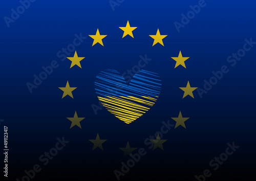 Serce pomalowane w barwy Ukraińskiej flagi na tle flagi Uni Europejskiej. Międzynarodowa współpraca. Stop wojnie. Wsparcie dla Ukrainy. Ilustracja wektorowa niebieska i żółta.