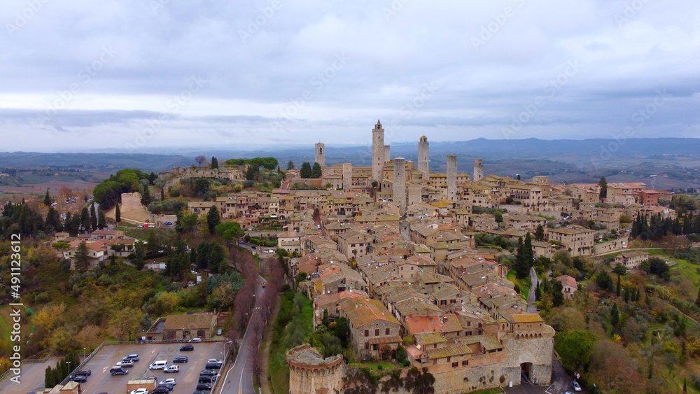 Village of San Gigmignano in Tuscany Italy - aerial view - travel photography