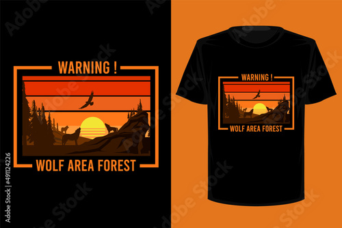 Warning wolf area forest retro vintage t shirt design