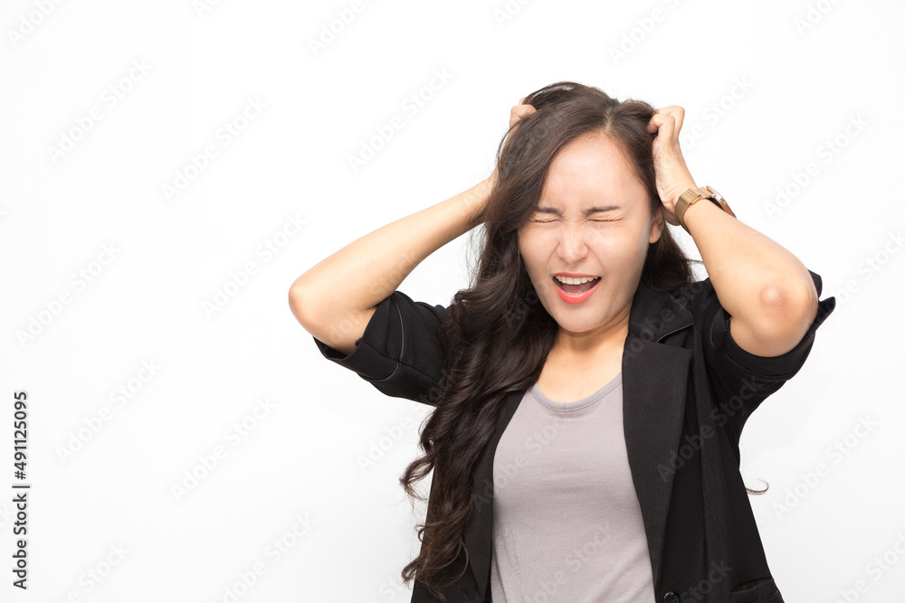 Beautiful Asian business woman wearing black suit. Angry woman screaming with stress on white background and copy space Beautiful Asian business woman wearing black suit. Angry woman screaming with stress on white background and copy space