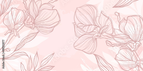Abstract art pink floral background. hand draw outline flowers magnolia sketch with leaves and brush stroke. Vector background for wall decoration, banner, postcard, poster or brochure