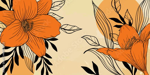 Abstract art floral background. hand draw outline orange lily flowers with leaves and circle shapes. Vector background for wall decoration, banner, postcard, poster or brochure