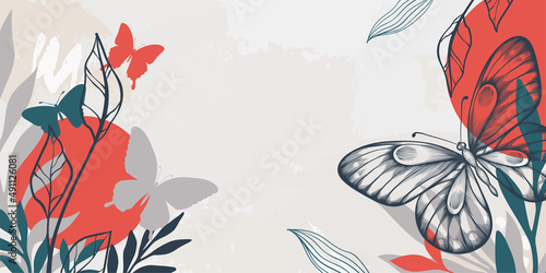 Abstract art floral background. hand draw outline butterfly with leaves and circle shapes. Vector background for wall decoration, banner, postcard, poster or brochure