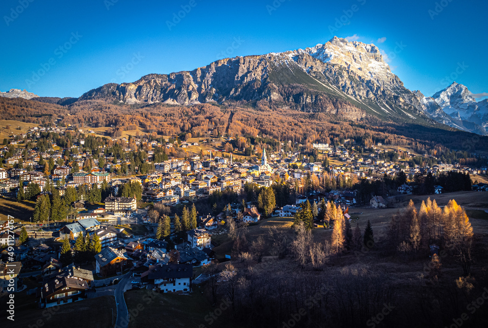 Cortina d Ampezzo in the Dolomites Italian Alps - aerial view - travel photography