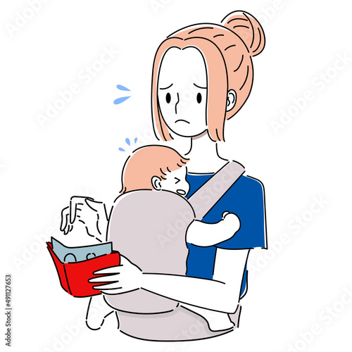 赤ちゃんを抱えながらあたふたする、現金で決済をする女性のイラスト