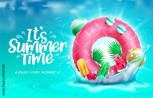 Summer time vector background design. It's summer time text in blue sky and sea water with floater element floating in splash for refreshing tropical season. Vector illustration.
