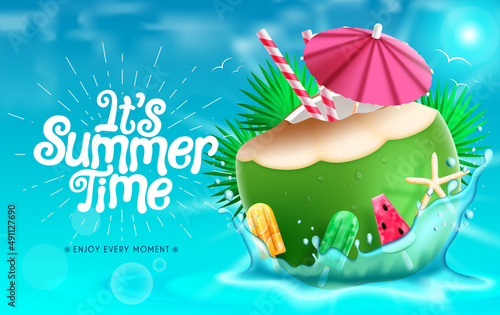 Summer time vector design. It's summer time text in blue sky and sea water background with floater element floating in splash for refreshing tropical season. Vector illustration.
