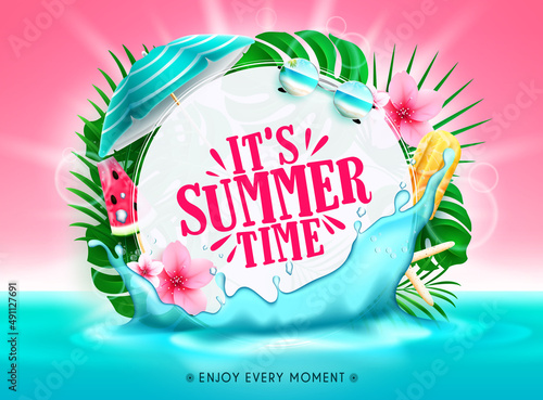 Summer time vector template design. It's summer time text in white circle foliage with tropical leaves and sea water splash elements for holiday season messages. Vector illustration.
