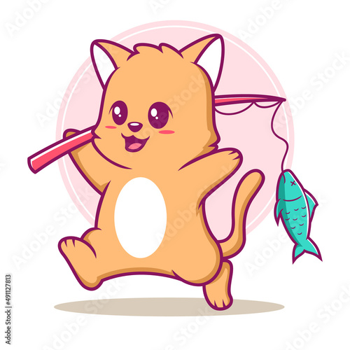cute cat fishing cartoon illustration
