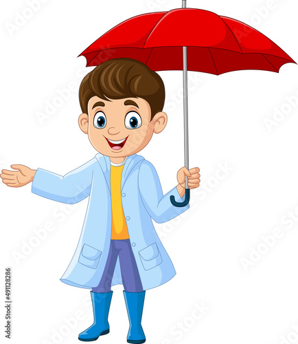 Cartoon happy little boy holding an umbrella