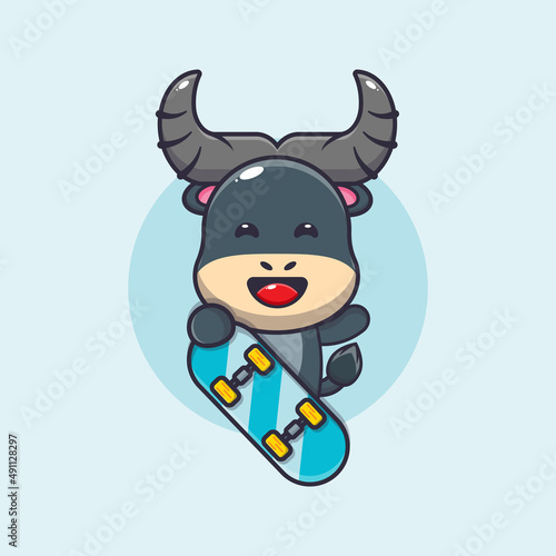 cute buffalo mascot cartoon character with skateboard