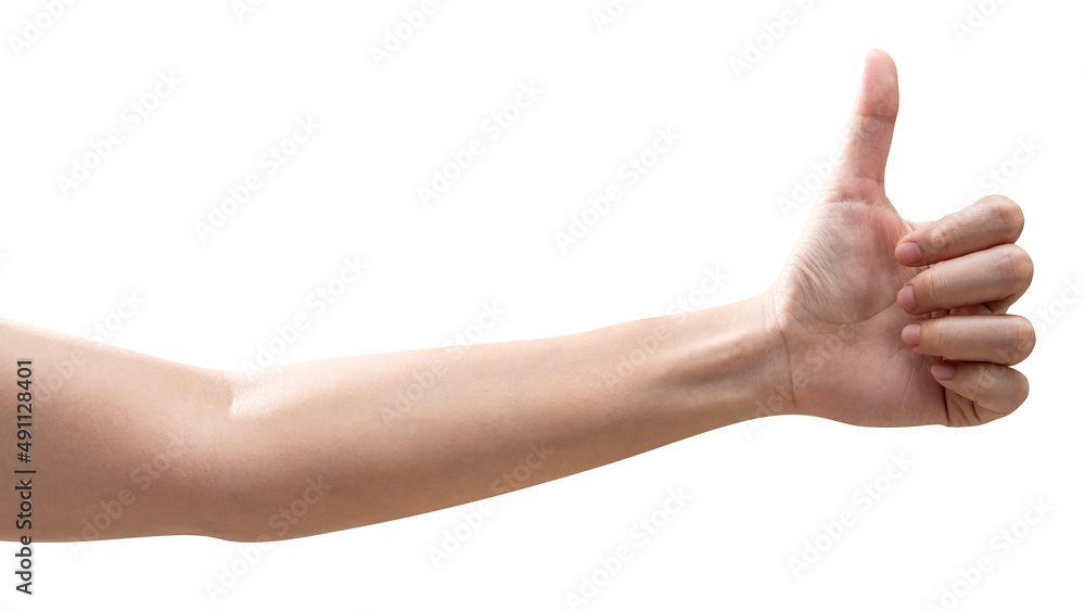 Woman hand showing thumbs up sign isolated on white background.