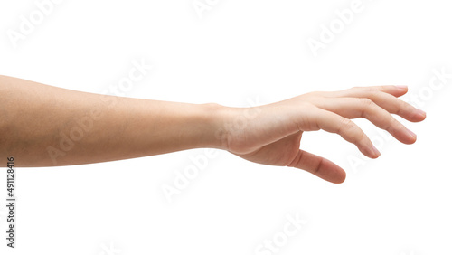Woman hand reach and ready to help or receive. Gesture isolated on white background.