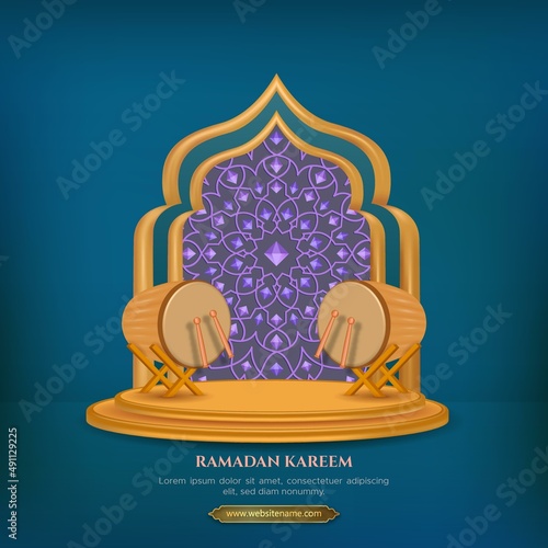 ramadan kareem greeting card poster template with bedugs drum and mosque gate