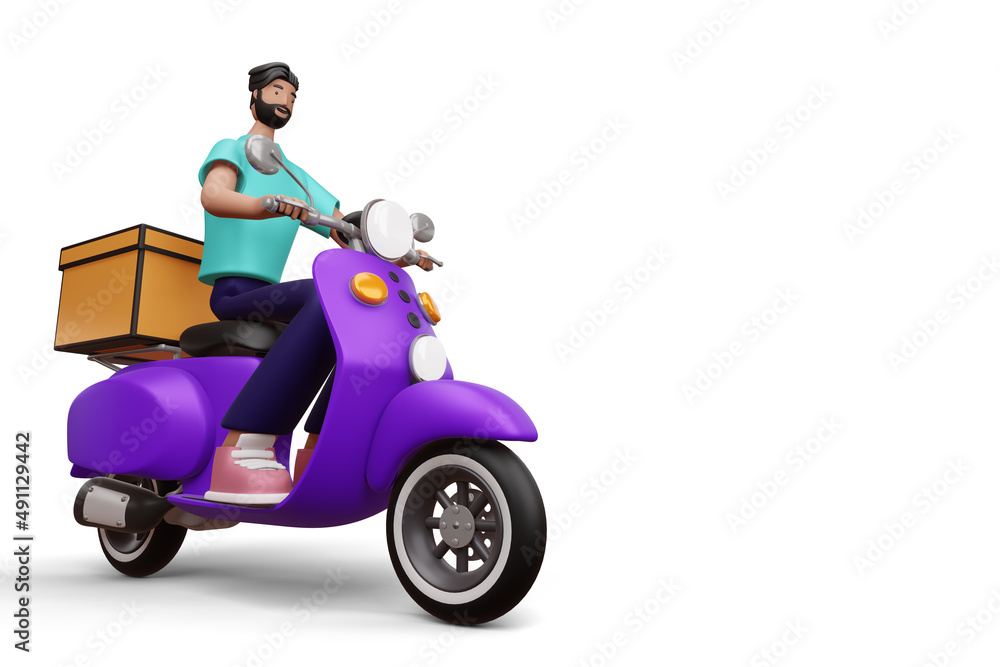 Delivery man riding a motorcycle with delivery box, 3d rendering Delivery man riding a motorcycle with delivery box, 3d rendering