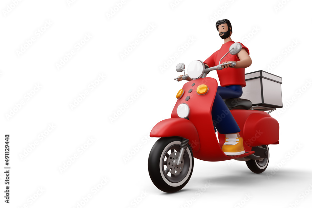 Delivery man riding a motorcycle with delivery box, 3d rendering Delivery man riding a motorcycle with delivery box, 3d rendering