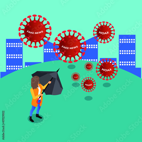 Businesswoman wearing raincoat opening an umbrella to protect herself from hoax and fake news isometric 3d vector concept for banner, website, illustration, landing page, flyer, etc.