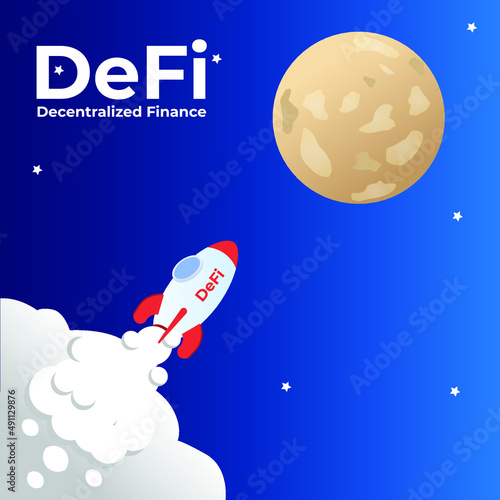 Defi rocket flying to the moon isometric 3d vector concept for banner, website, illustration, landing page, flyer, etc.