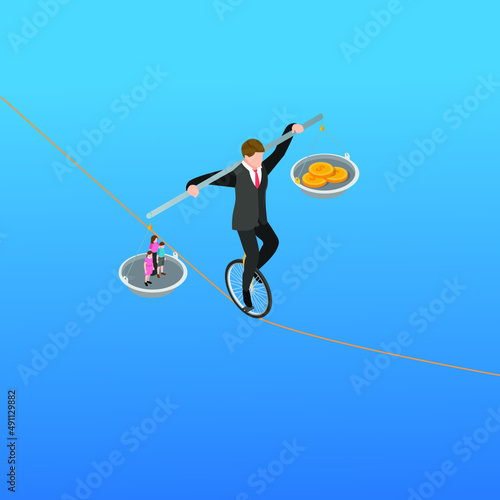 Businessman trying to balance between work and family isometric 3d vector concept for banner, website, illustration, landing page, flyer, etc.