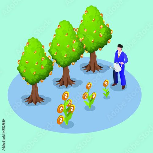 Businessman growing bitcoin trees isometric 3d vector concept for banner, website, illustration, landing page, flyer, etc.