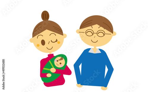 初めての子供が生まれてこれから頑張っていこうと微笑み合う夫婦・一人っ子・赤ちゃん