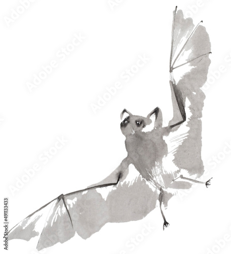 A Bat (a sketch of bat flying up, spreading its wings, painted with ink on xuan (rice) paper, oriental style)