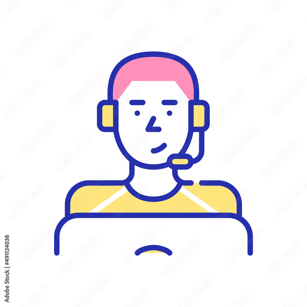 Young man wearing headset working as a call center agent. Pixel perfect, editable stroke fun color icon Young man wearing headset working as a call center agent. Pixel perfect, editable stroke fun color icon
