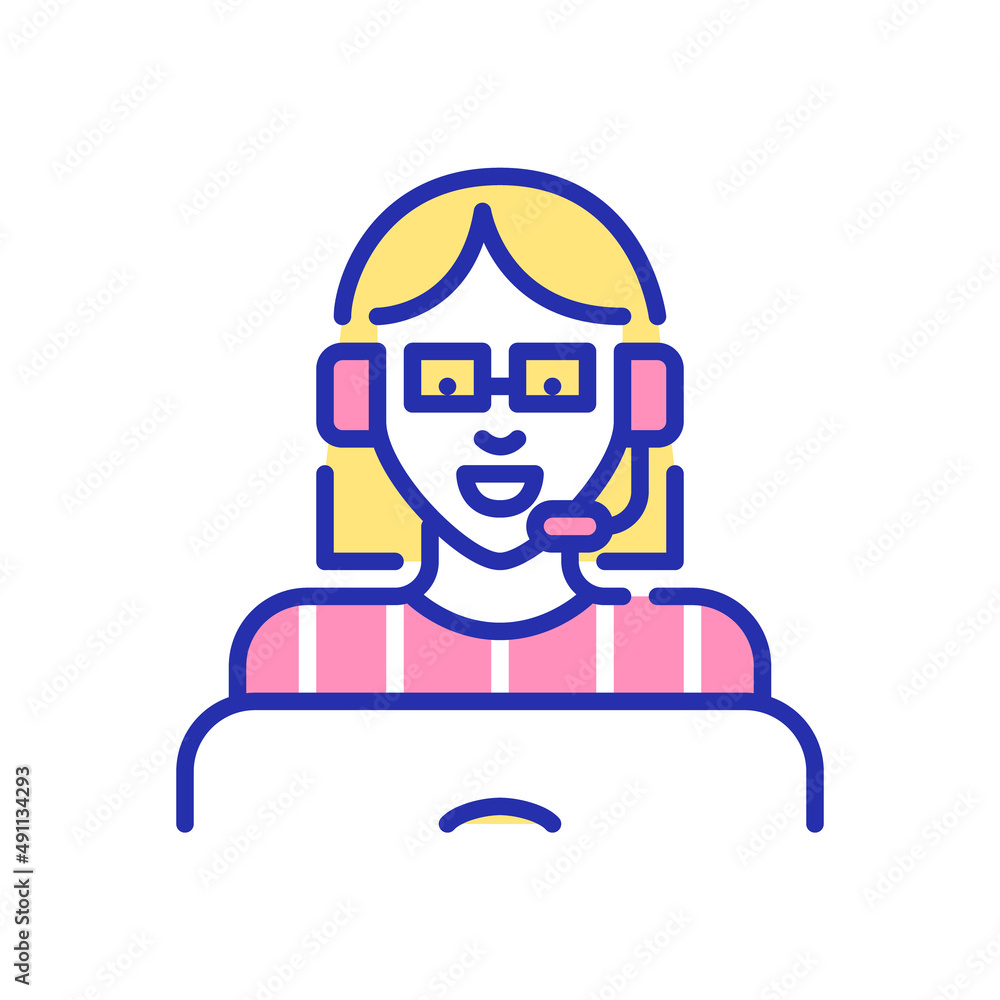 Young girl with bob haircut in glasses working at a call center. Speaking in a headset working at laptop. Pixel perfect, editable stroke, fun color