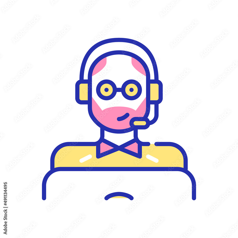 Middle aged man wearing a headset and working as a call center agent at a laptop. Pixel perfect, editable stroke fun color icon 
