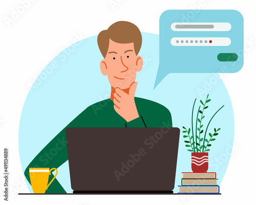 The concept of a man thinking behind a laptop. Forgot your password and account login for the web page. Flat vector illustration.