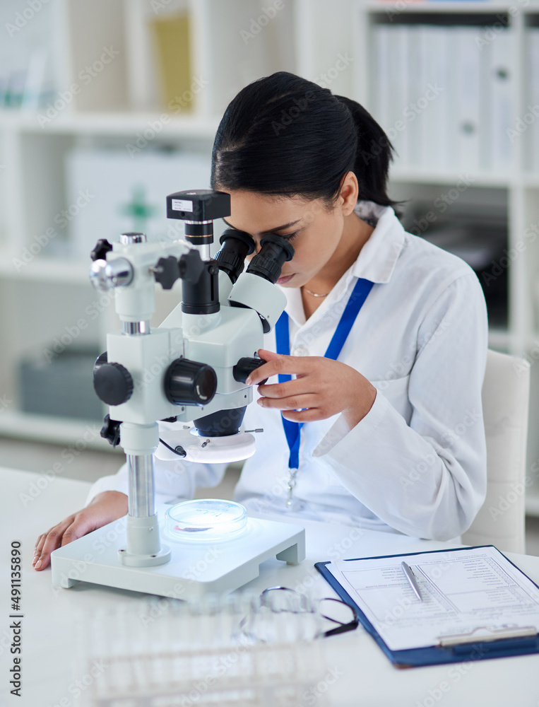 Theres nothing her microscope cant find. Shot of a young scientist using a microscope in a laboratory. Theres nothing her microscope cant find. Shot of a young scientist using a microscope in a laboratory.