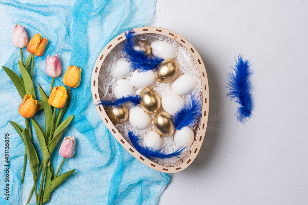 Happy easter time. Bright Easter holiday concept with spring flowers and easter eggs. Colorful Easter eggs background