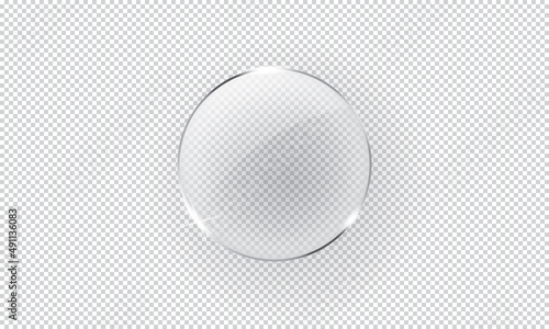 Glass circle badge isolated on transparent background, Glass plate mockup