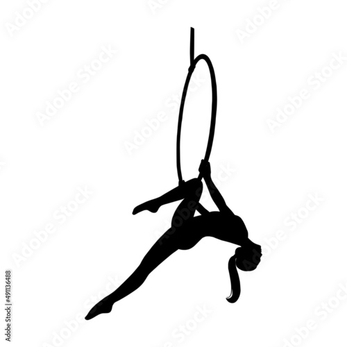 Aerial female gymnast silhouette in hoop. Aerial gymnastics stunt. Vector illustration isolated on white background