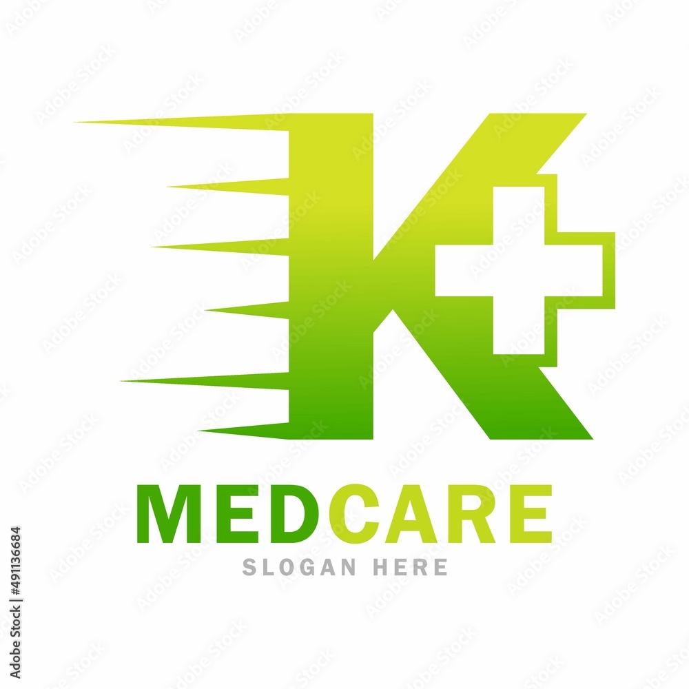 Fototapeta premium Abstract letter K plus with medical fast vector design logo. this is cross or plus for symbol health logo