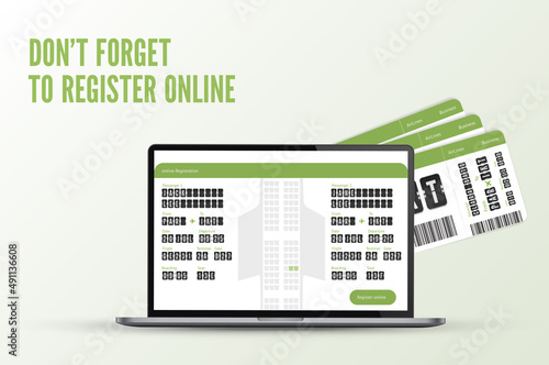 Online flight registration layout concept with electronic boarding pass. Airplane ticket behind flight card on laptop with seat choose.